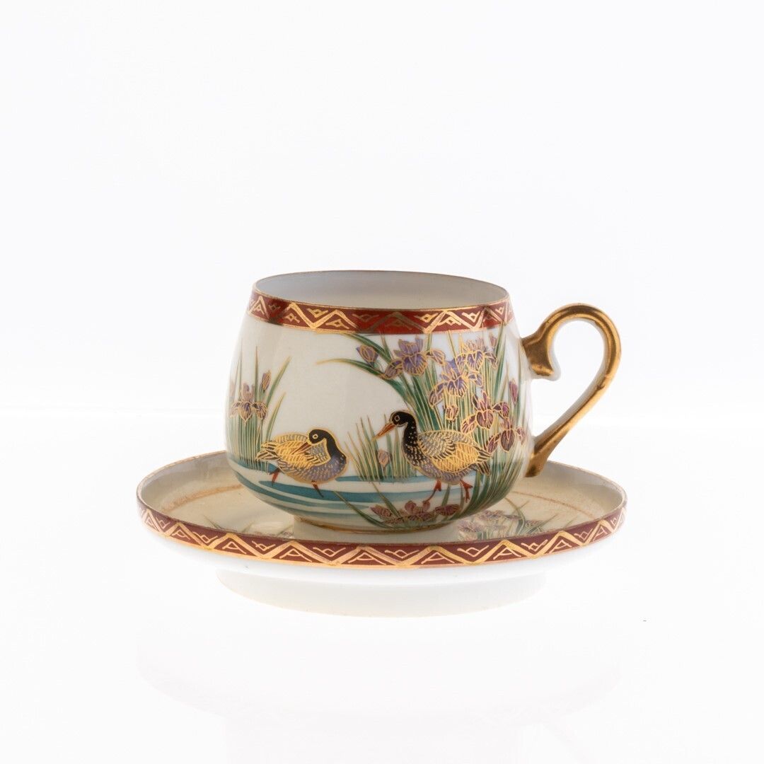 Mid Century Japanese Hand Painted Ducks Kutani Porcelain Teacup And Saucer photo furniture