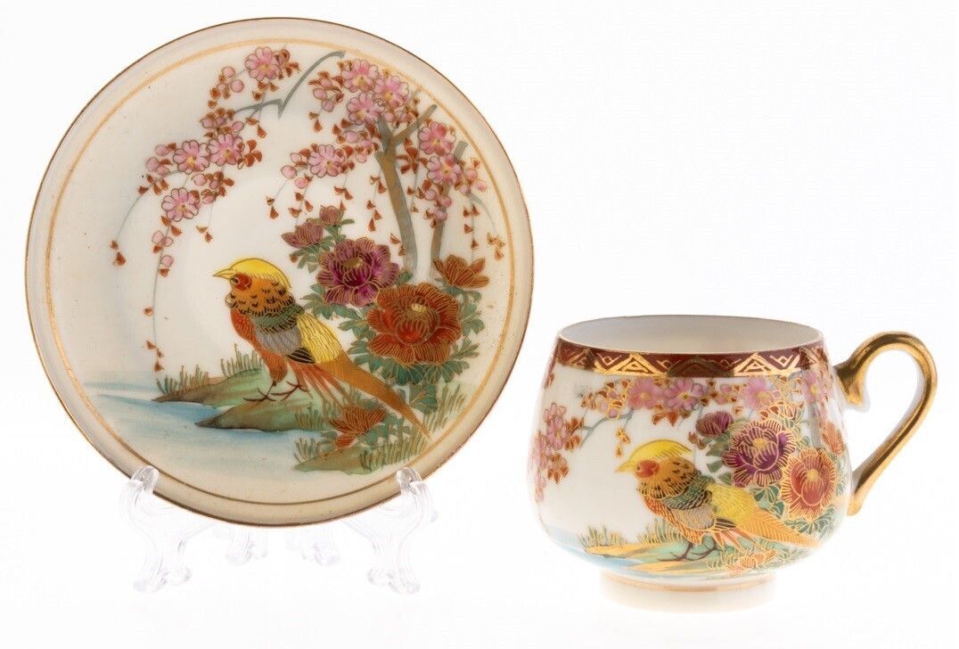 Mid Century Japanese Hand Painted Exotic Birds Kutani Porcelain Teacup And Saucer