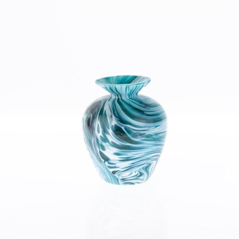 Mid Century Turquoise Hand Blown Studio Glass Swirl Vase photo for sale