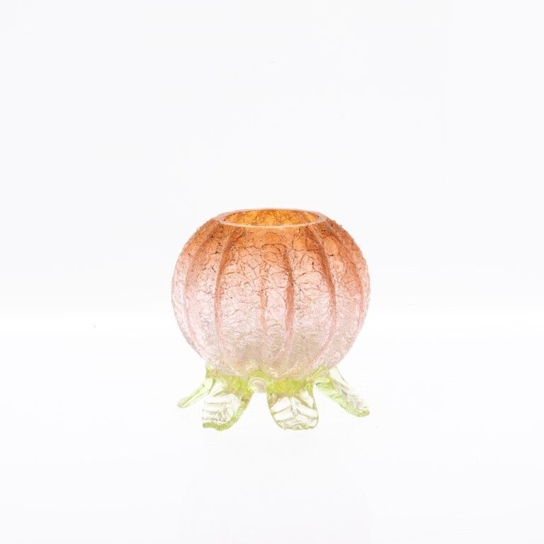Antique Art Nouveau Crackle Glass Pumpkin Vase In The Manner Of Kralik photo for sale