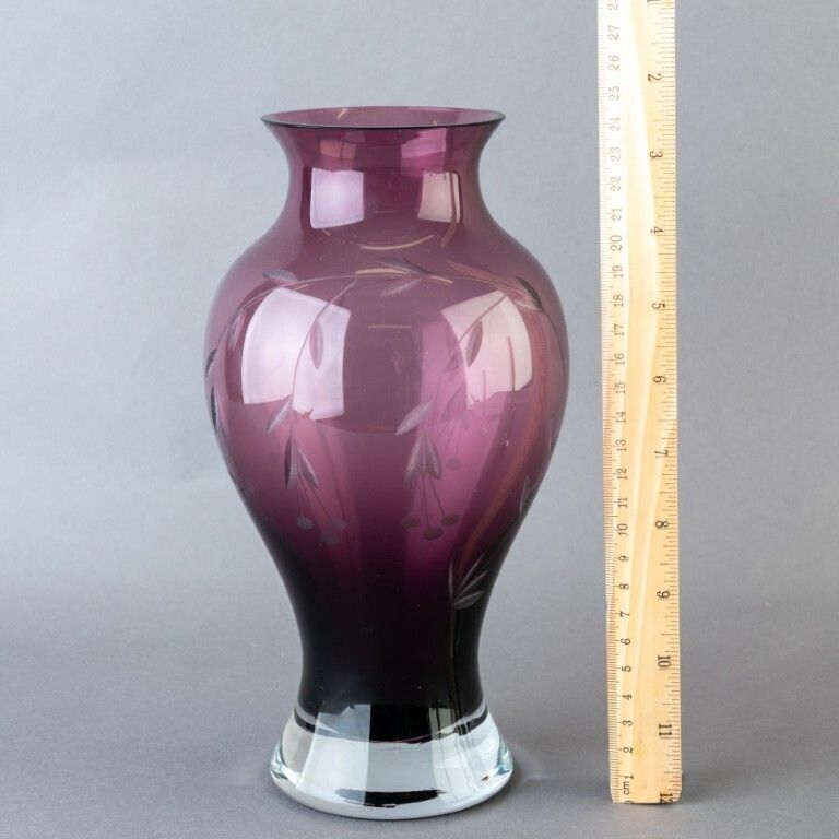 Scottish Caithness Amethyst Etched Glass Floral Baluster Vase photo for sale