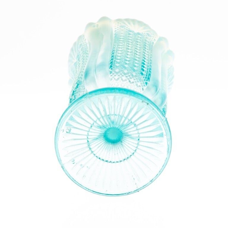 Antique Davidson Opalescent Victorian “Richelieu” Blue Pearline Pressed Glass Celery Vase photo furniture