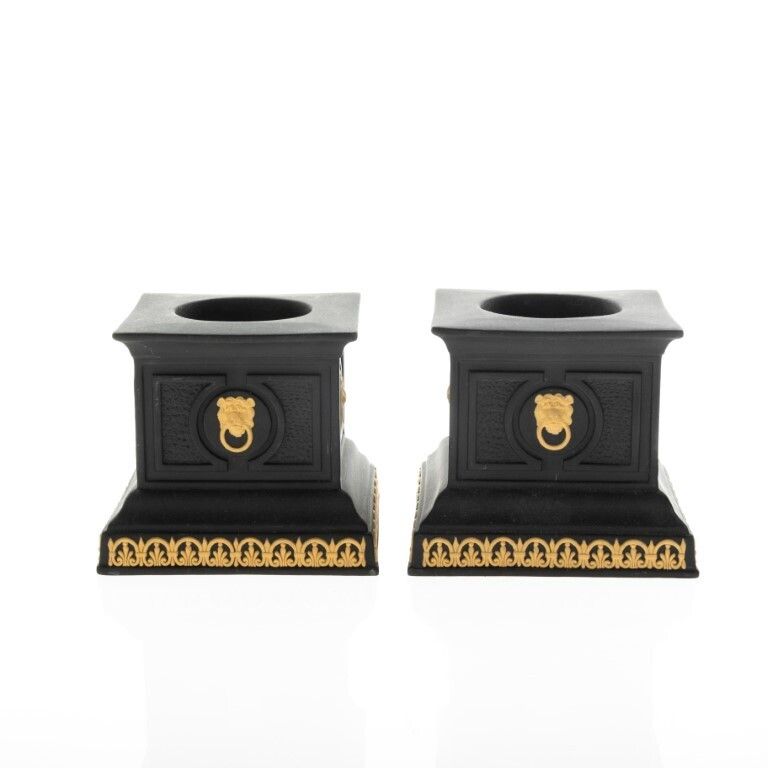 Wedgwood Set Of Black & Cane Jasperware Candle Holders With Lion Heads photo furniture