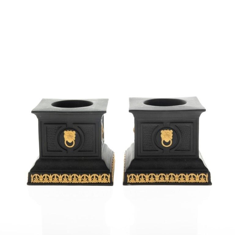 Wedgwood Set Of Black & Cane Jasperware Candle Holders With Lion Heads photo Home Decor