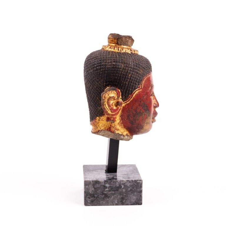 16th Century Cambodian Polychrome Stone Scupture Bust Of Buddha photo furniture
