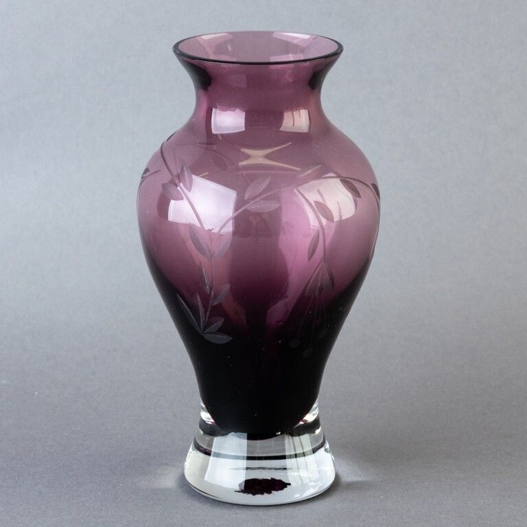 Scottish Caithness Amethyst Etched Glass Floral Baluster Vase