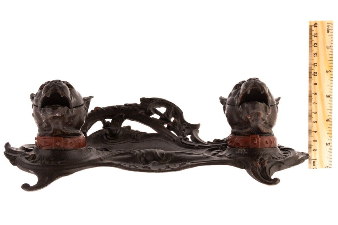 Antique French Art Nouveau Cold Painted Bulldog Pewter Inkwell Ca. 1900 photo for sale