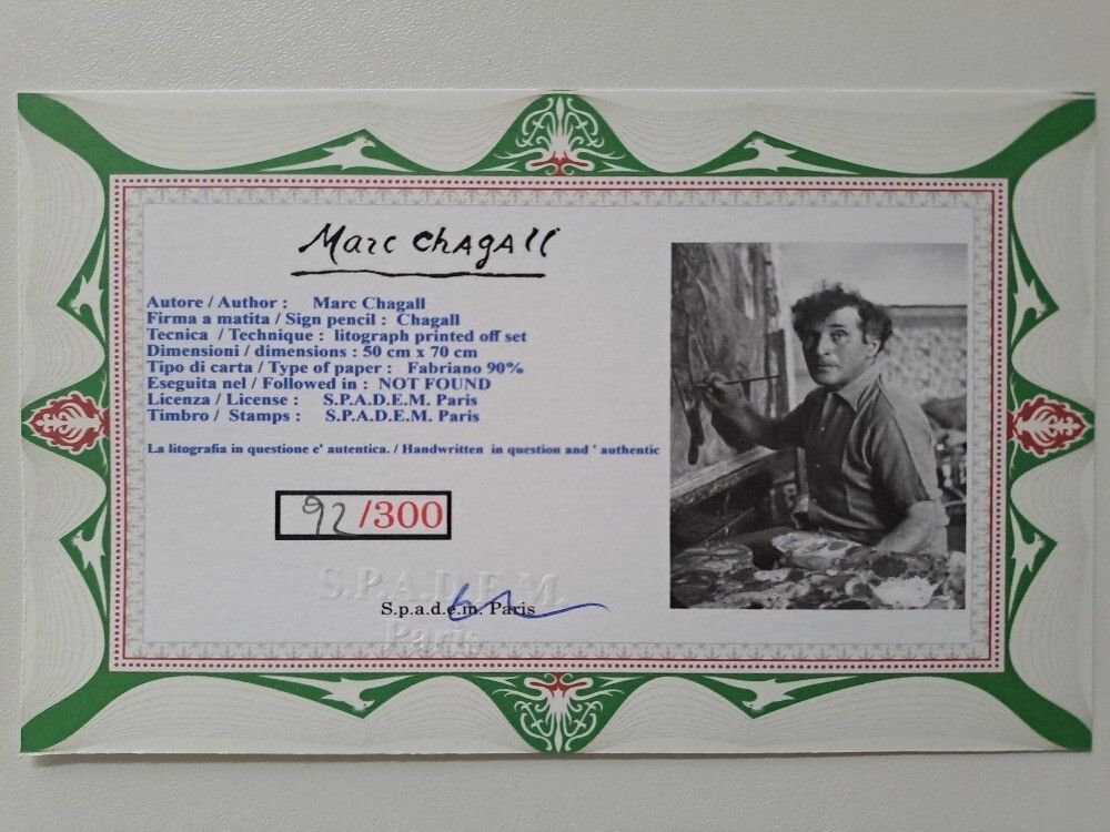 Marc Chagall Signed Green Violinist Certificate Spadem Paris photo Art