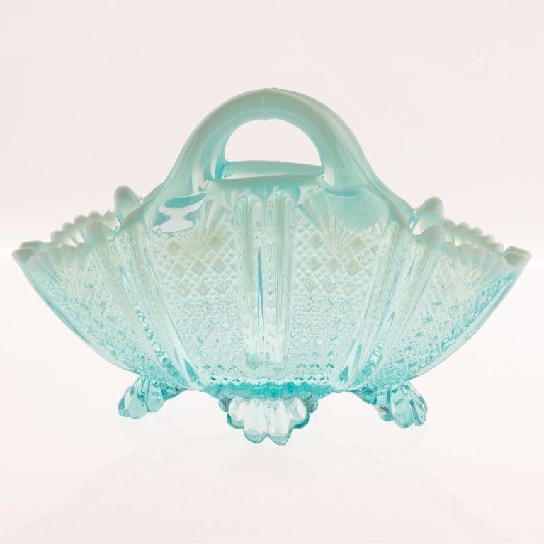 Antique Davidson Opalescent Victorian “Richelieu” Blue Pearline Pressed Glass Folded Basket