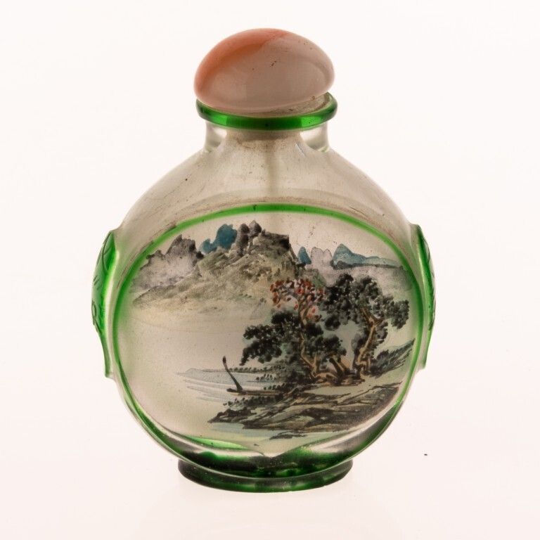 Mid Century Chinese Inside Painted Green Glass Mountains & Lake Landscape Snuff Bottle photo furniture