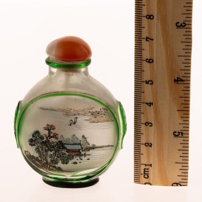 Mid Century Chinese Inside Painted Green Glass Mountains & Lake Landscape Snuff Bottle photo for sale