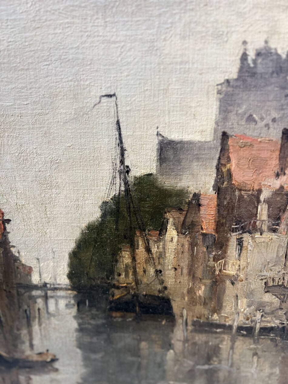 Oil On Canvas "View Of The City On The Canal" By Franck Boggs 19th Century photo vinterior
