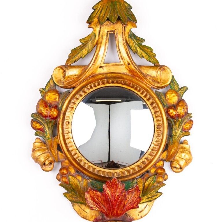 Antique French Gilded Polychrome Hand Carved Wood Convex Mirror 19th Century photo furniture