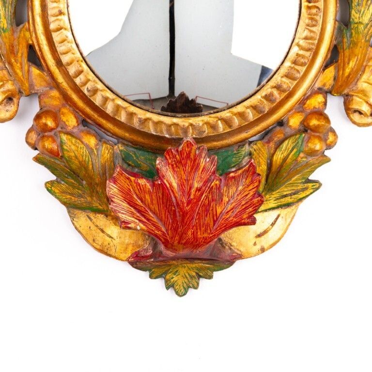 Antique French Gilded Polychrome Hand Carved Wood Convex Mirror 19th Century photo Home Decor