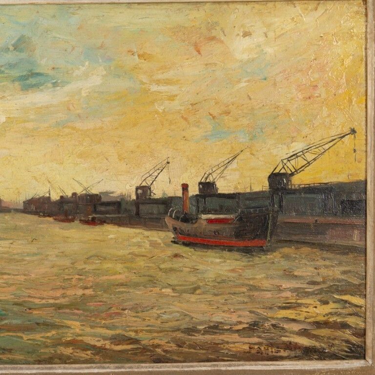 Antique Signed Belgian Oil Painting Depicting A Canal Scene Early 20th Century photo furniture