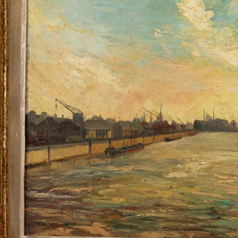 Antique Signed Belgian Oil Painting Depicting A Canal Scene Early 20th Century photo for sale