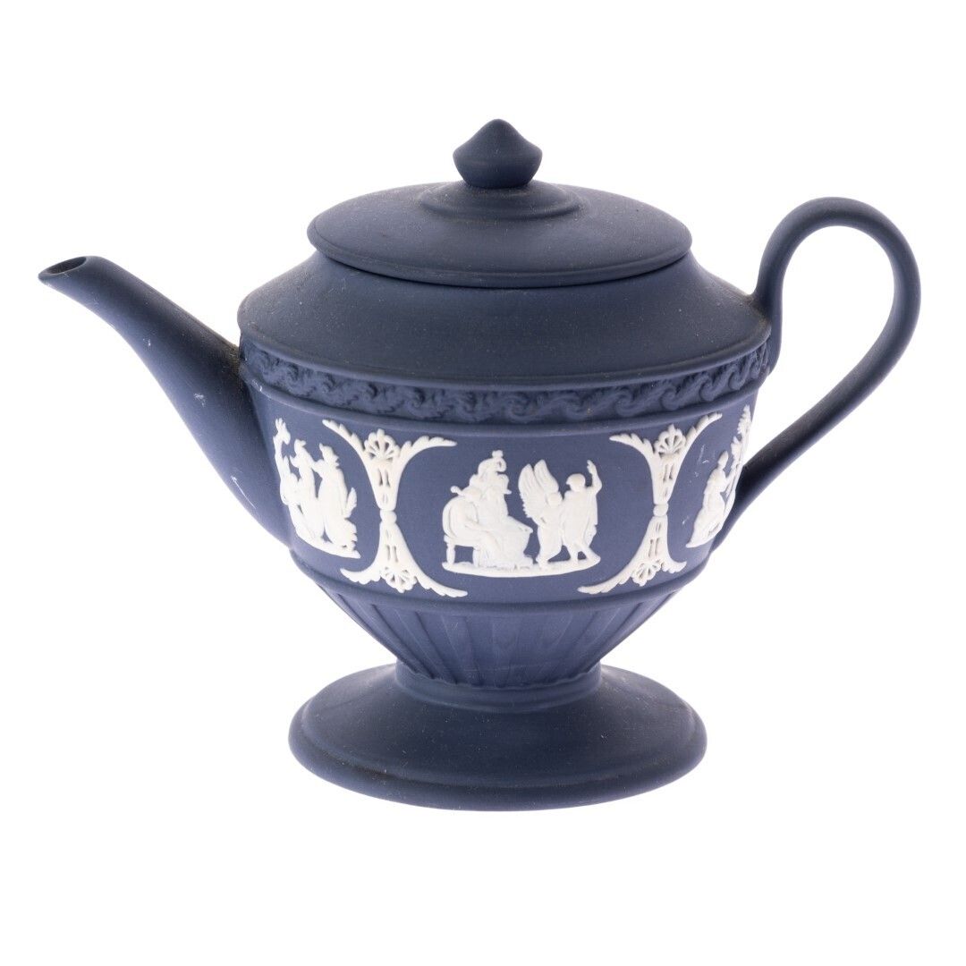 Wedgwood Portland Blue Jasperware Small Teapot With Bas Relief Depicting Icarus