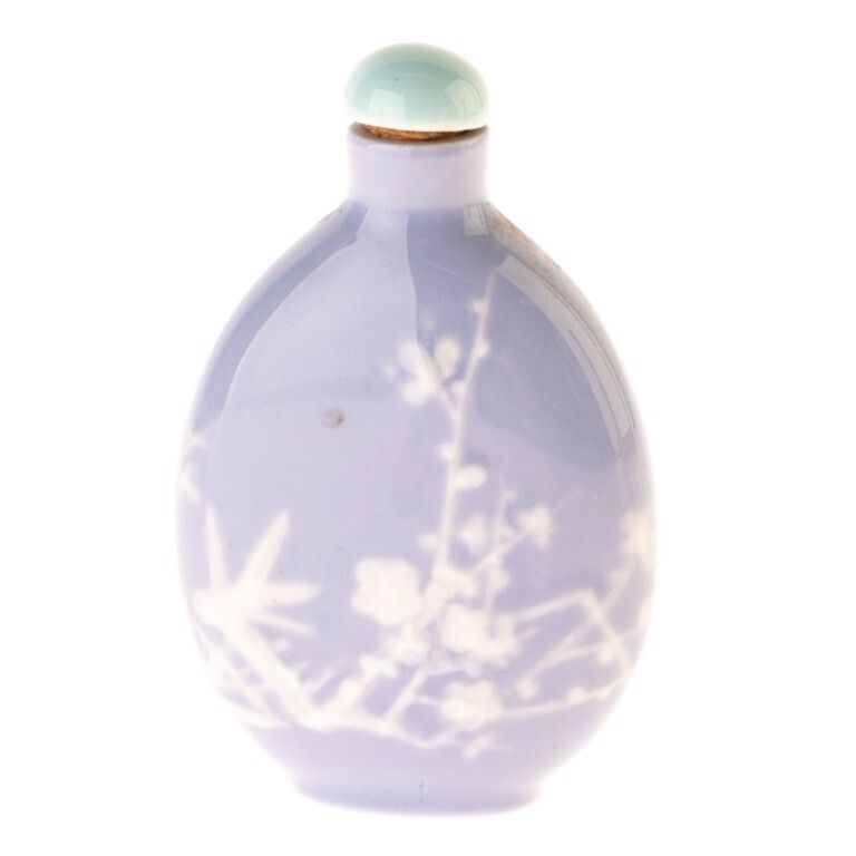 Chinese Qing Dynasty Lavender Ground Cameo Overlay Porcelain Prunus Snuff Bottle