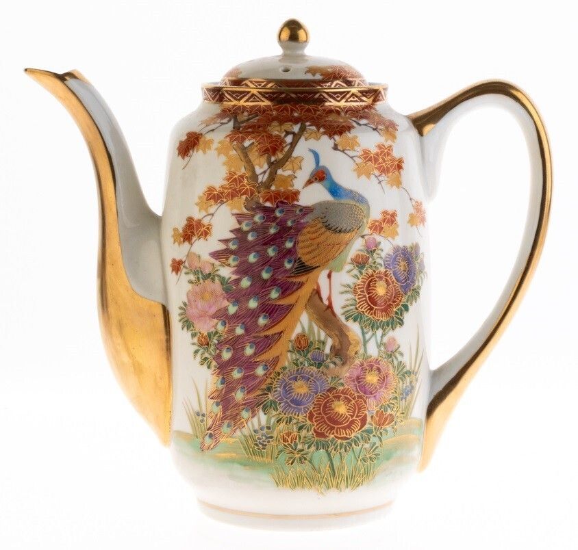 Mid Century Japanese Hand Painted Peacock Kutani Porcelain Teapot