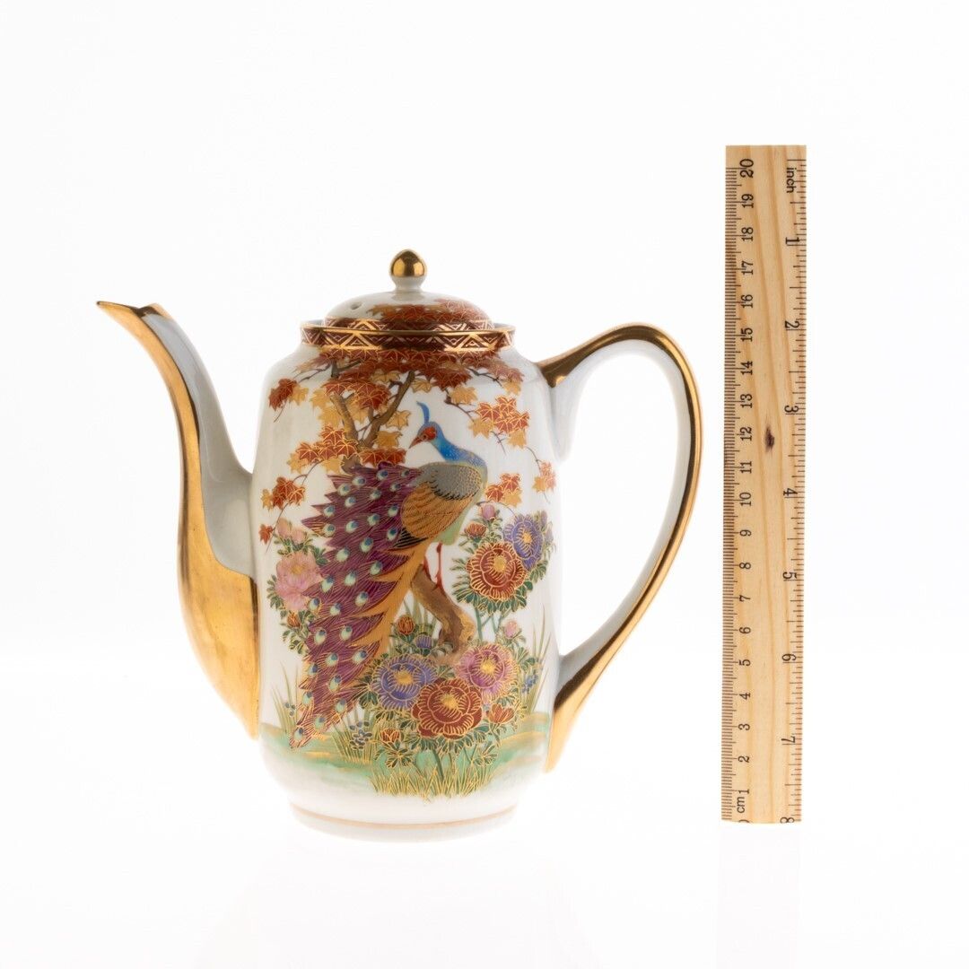 Mid Century Japanese Hand Painted Peacock Kutani Porcelain Teapot photo for sale