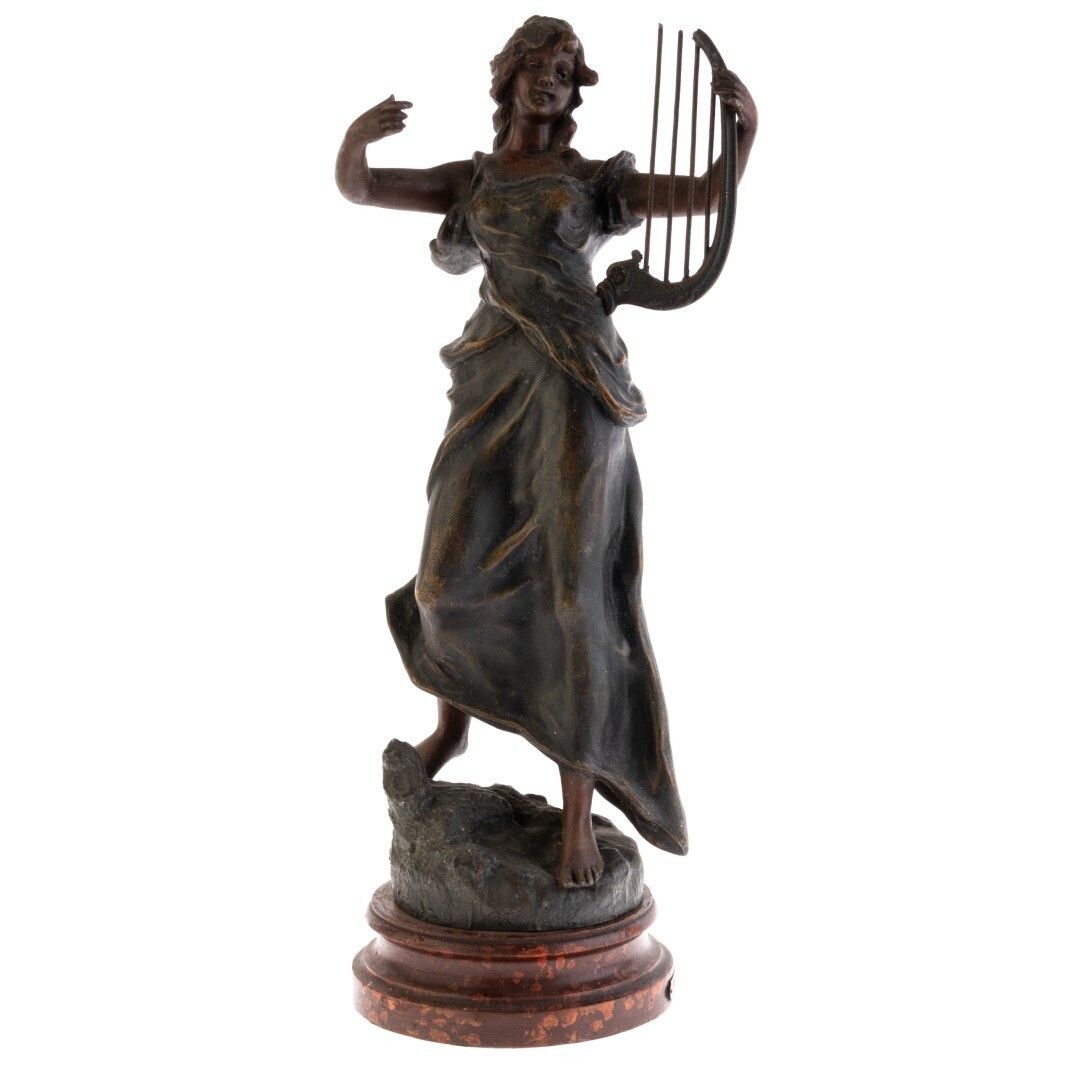 After George Maxim French Bronzed Spelter Sculpture Of Music Playing Harp 19th Century