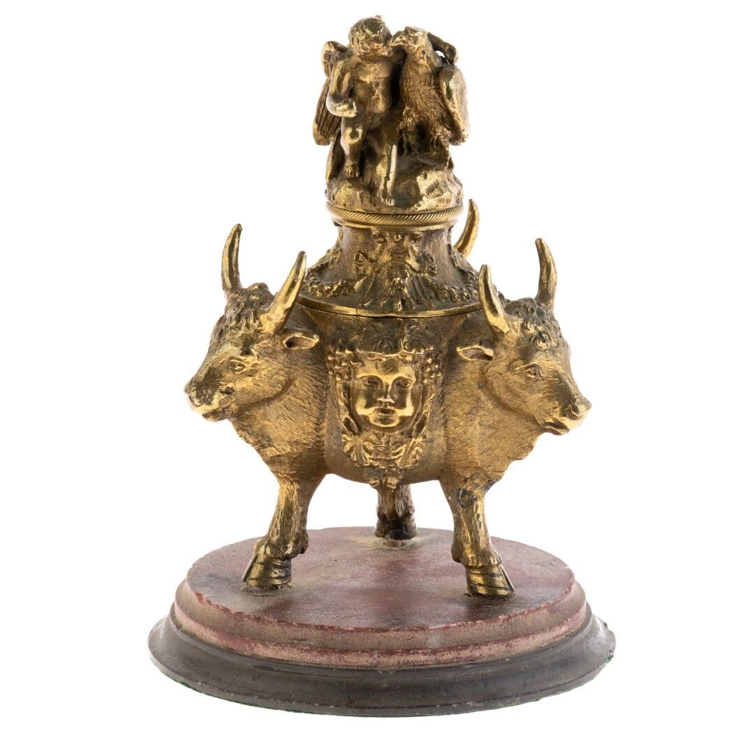 Antique Grand Tour Bovine & Bacchus Italian Gilt Bronze Inkwell 19th Century
