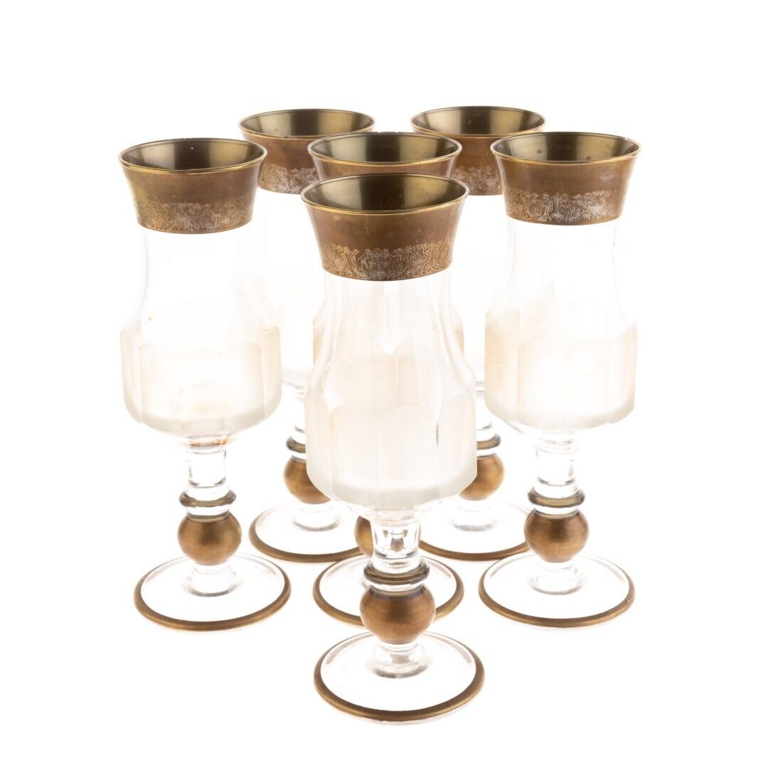 Antique Set Of Six Antique Gilded Baccarat Style Glass Goblets