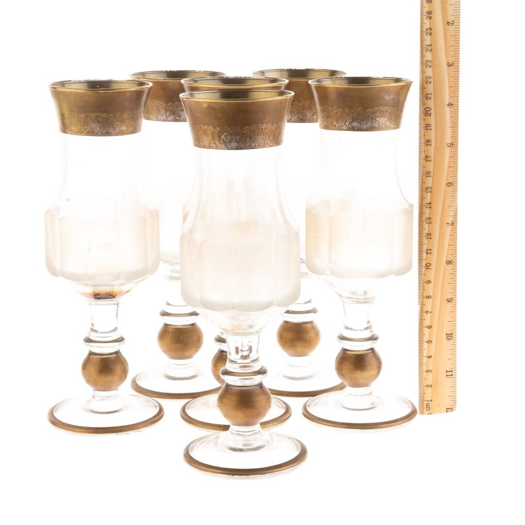 Antique Set Of Six Antique Gilded Baccarat Style Glass Goblets photo for sale