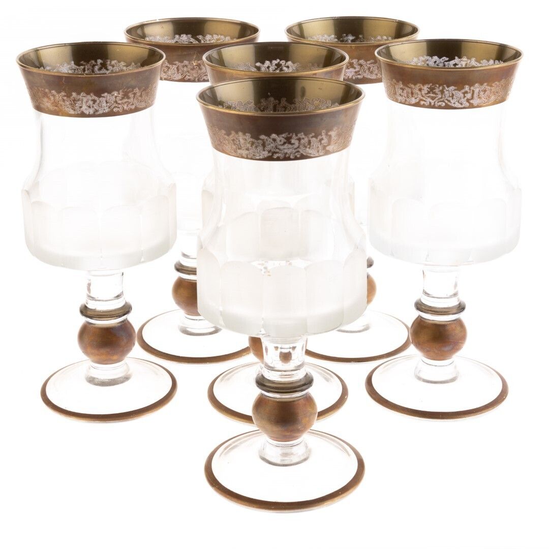 Antique Set Of Six Antique Gilded Baccarat Style Glass Goblets