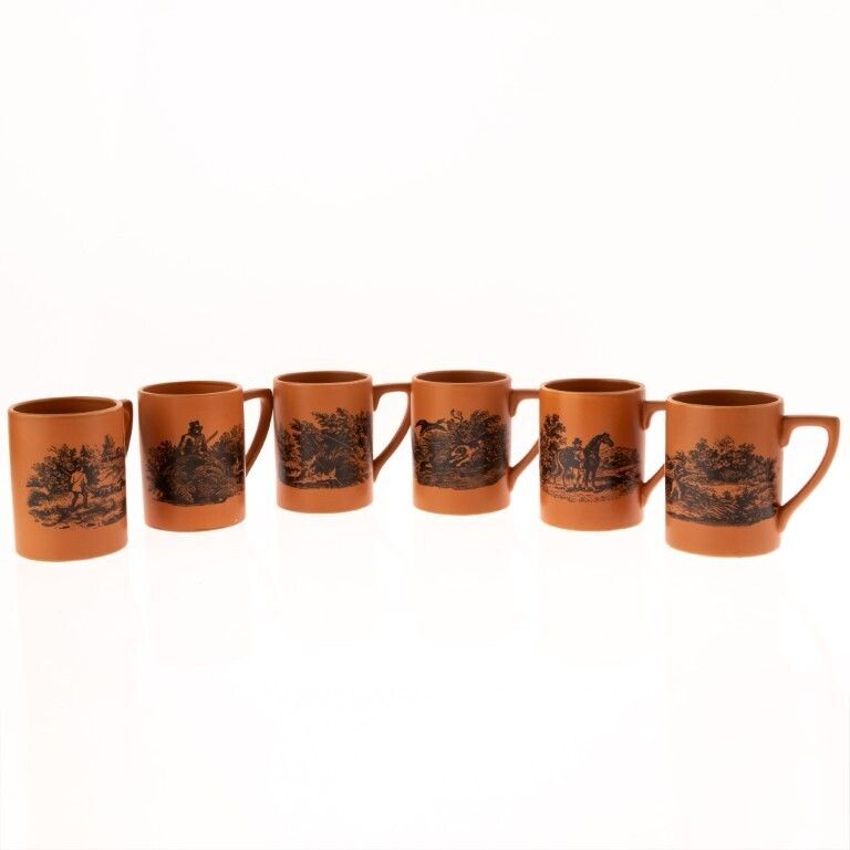 Six Portmeirion Porcelain Ceramic Mugs Depicting Sporting Scenes