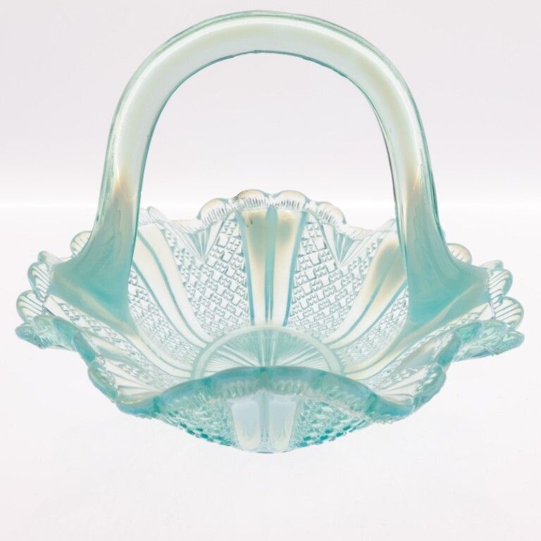 Antique Davidson Opalescent Victorian Richelieu  Blue Pearline Pressed Glass Basket photo furniture
