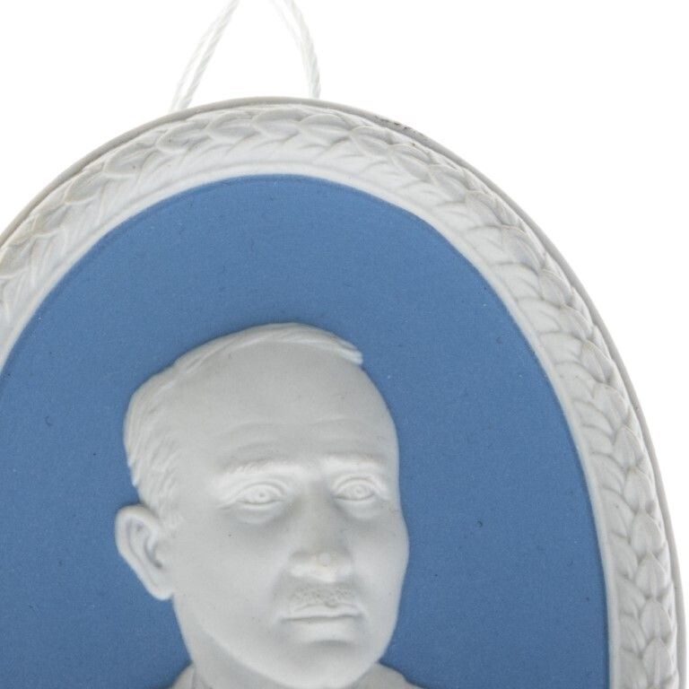 Wedgwood Blue Jasperware Ceramic Porcelain Benno F Strauss Portrait Medallion Laurel Leaf Plaque photo for sale