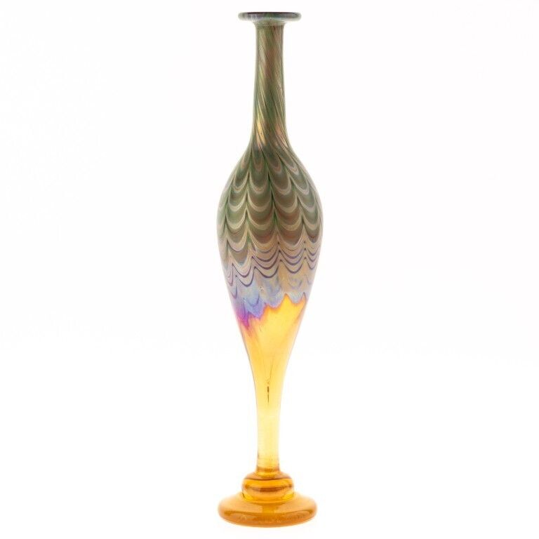 Loetz Style Signed Keith Bowlby Iridescent Hand Blown Studio Glass Vase