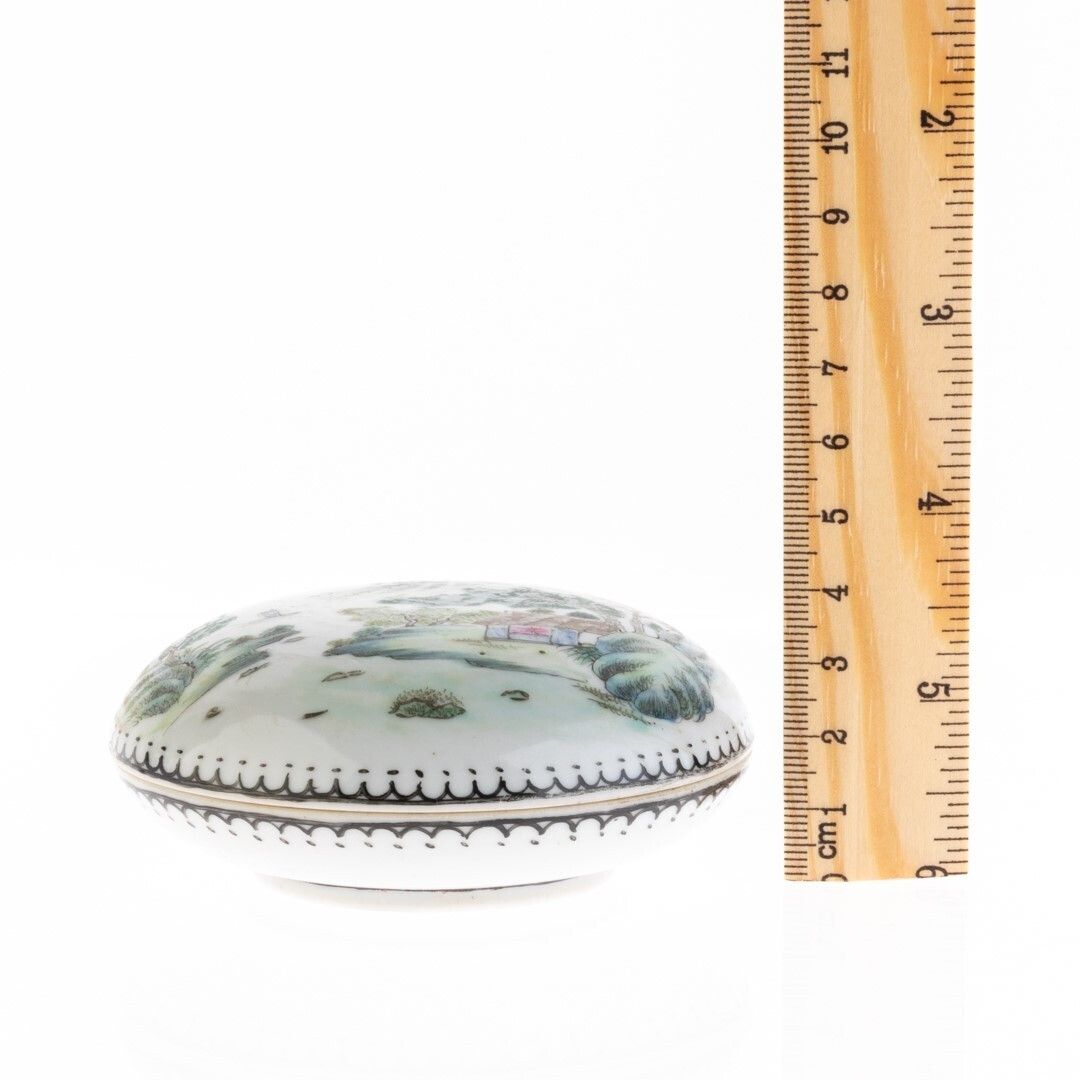 Chinese Hand Painted Famille Rose Mountain Landscape Porcelain Ceramic Lidded Box photo for sale