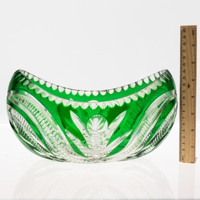 Mid Century Czech Bohemian Emerald Green Cut Crystal Glass Centrepiece Bowl photo for sale