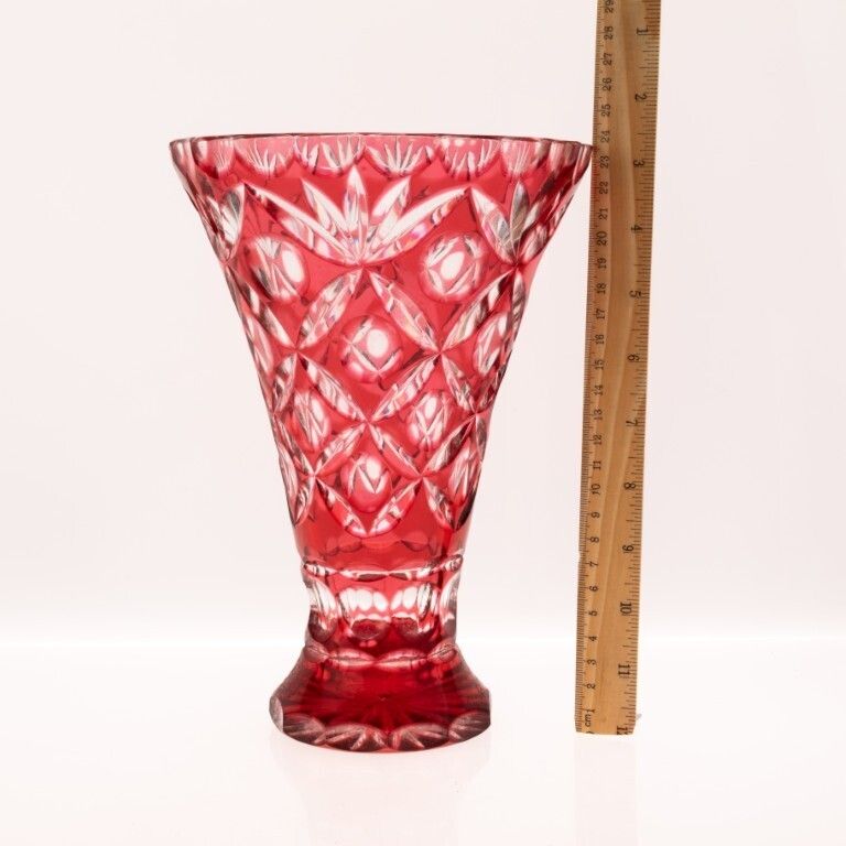 Mid Century Czech Bohemian Cranberry Red Cut Crystal Glass Vase photo Home Decor