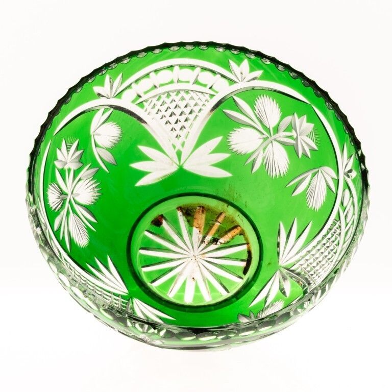 Mid Century Czech Bohemian Emerald Green Cut Crystal Glass Bowl photo furniture