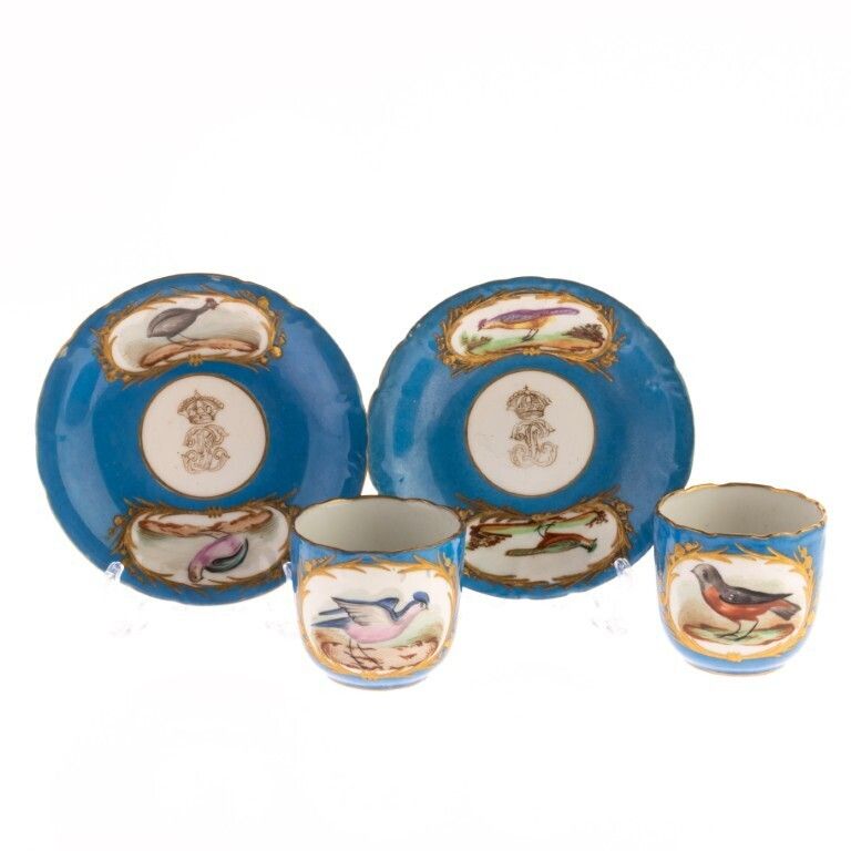 Late 18th Century French Hand Painted Sevres Bleu Celeste Porcelain Exotic Birds Teacups & Saucers