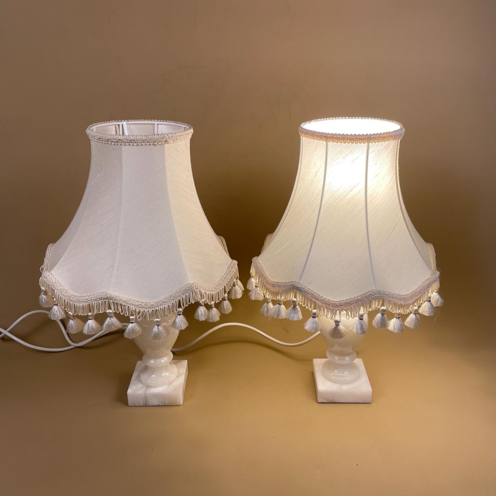 Pair Of White Onyx Marble Lamps Bedside Table Side Lights Beige Cream Tasselled Flower Bell Shades photo vintage