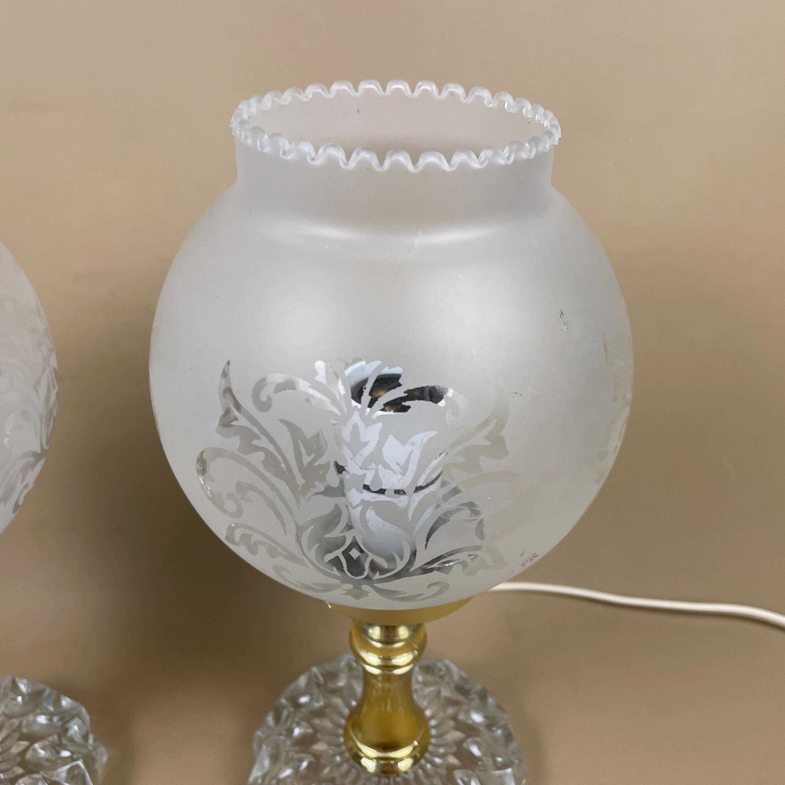 Pair Of Vintage Art Deco Globe Lamp Bedside Table Lights Ornate Glass Floral Shade Cut Glass Base Plastic Gold Pillar photo for sale