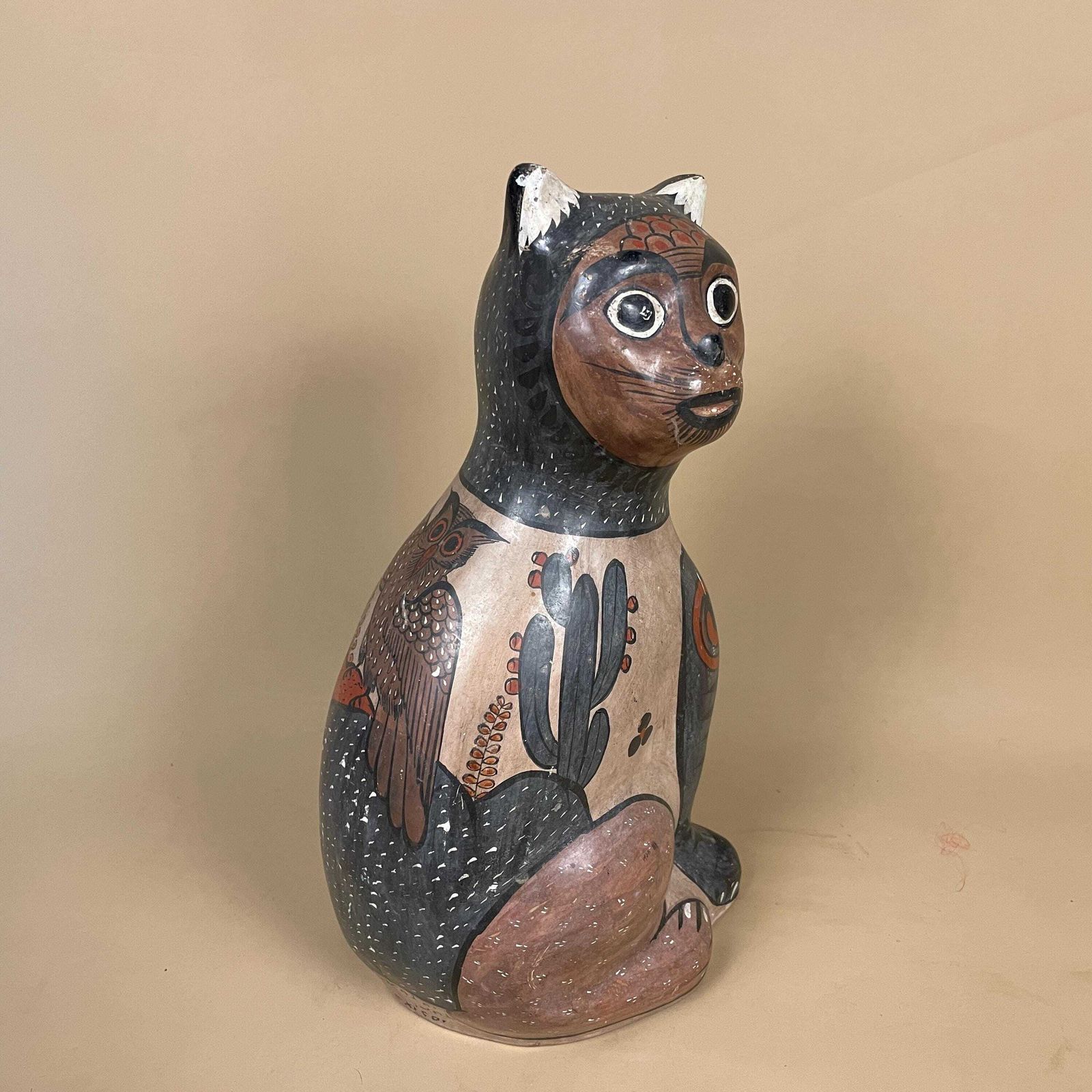 Vintage Mexican Tonala Cat Folk Art Display Hand Painted Sculpture Statue Figurine Pottery photo Home Decor