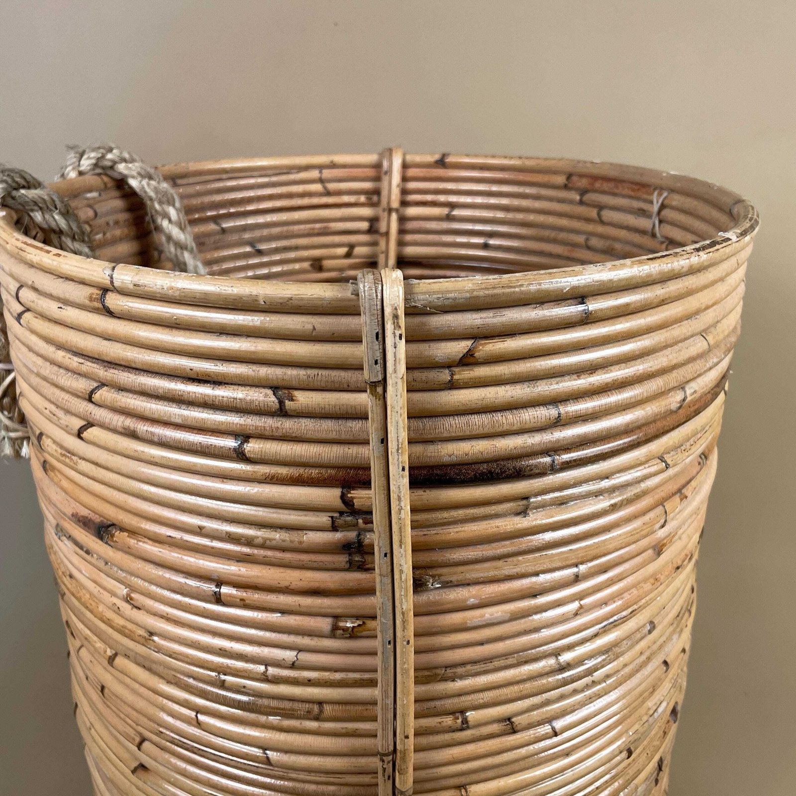Vintage Bamboo Round Basket Plant Pot Planter Woven Wicker Brown Antique Storage Farmhouse Cottage Decor Display Handmade Scallop Edge photo buy
