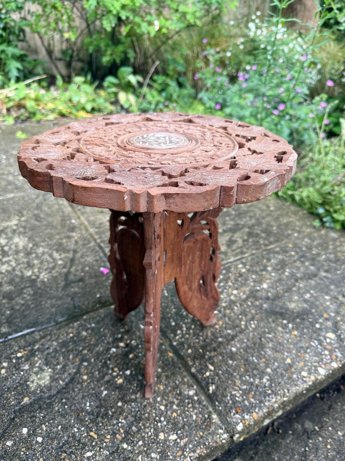 Small Vintage Wooden Table, With Carved Marquetry Detail, Rustic Furniture & Bohemian Style Table, Carved Wooden Table, Small Plant Stand
