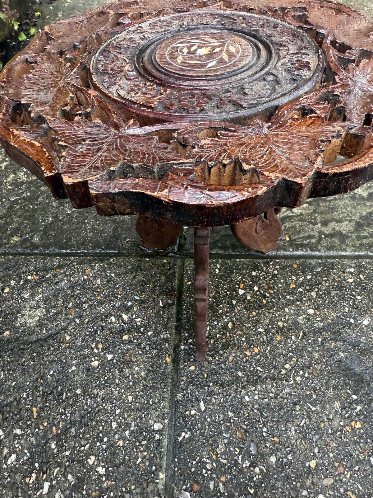 Delightful Vintage Carved Wooden Table With Bohemian Chic Style, Small Table Or Plant Stand, Vintage Accent For A Room photo for sale