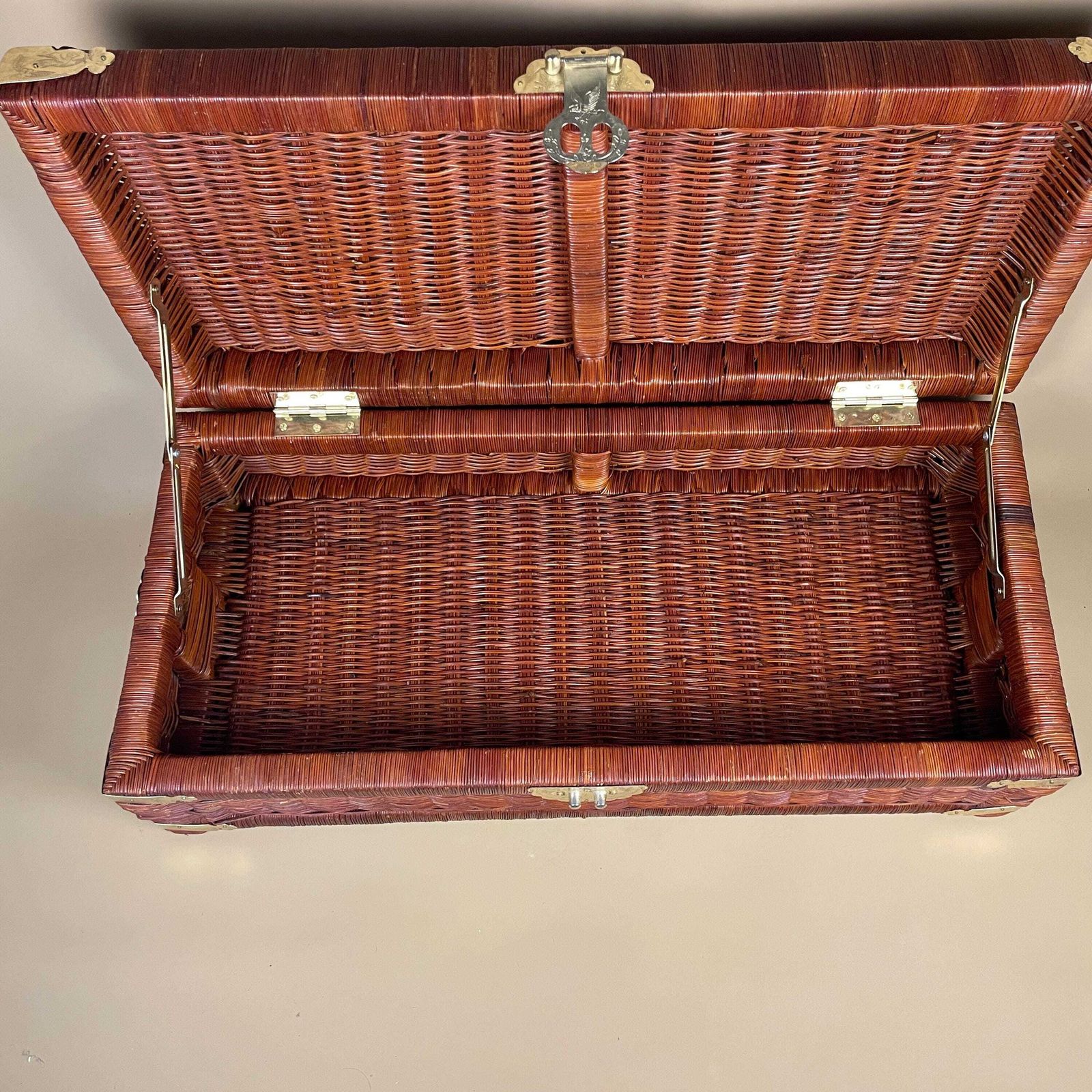 Antique Oriental Chinese Rectangle Basket Trunk Chest Storage Box Woven Wicker Brown Wooden Vintage Wood Brown Cottage Farmhouse Toy Lidded photo buy