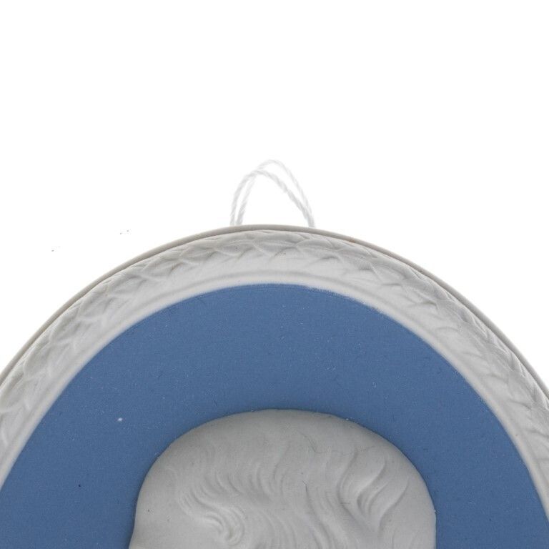 Wedgwood Blue Jasperware Ceramic Porcelain Portrait Medallion Laurel Leaf Plaque photo for sale