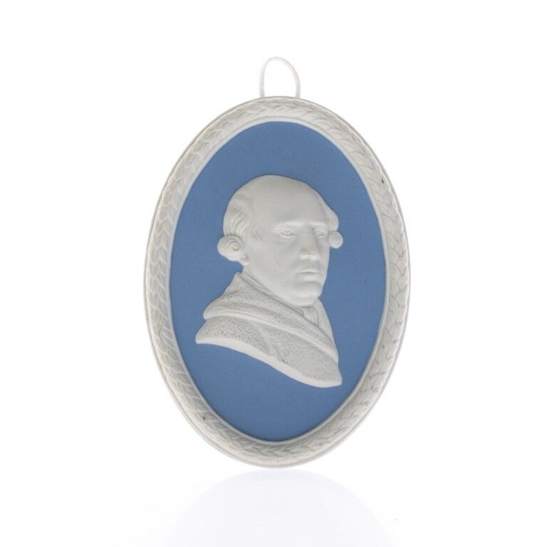 Wedgwood Blue Jasperware Ceramic Porcelain George Stubbs Portrait Medallion Laurel Leaf Plaque