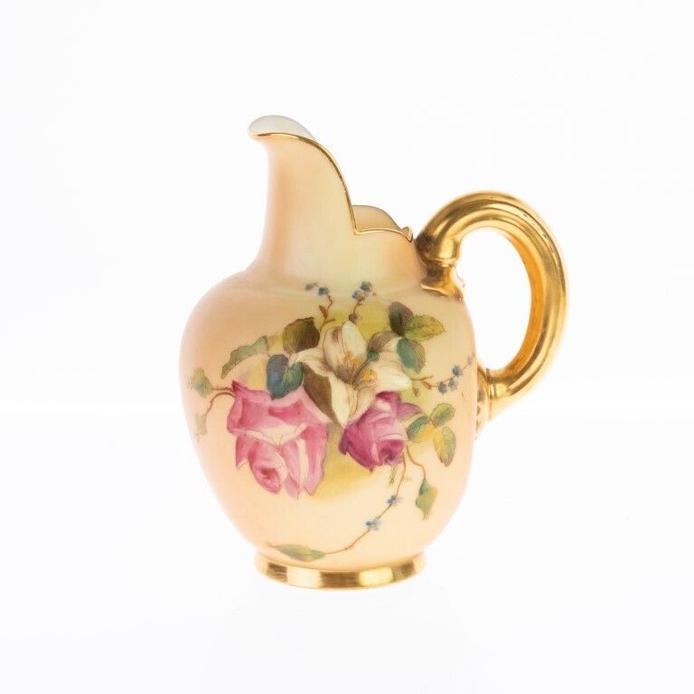 Antique Royal Worcester English Blush Porcelain Hand Painted Japonisme Ewer With Dragon Handle