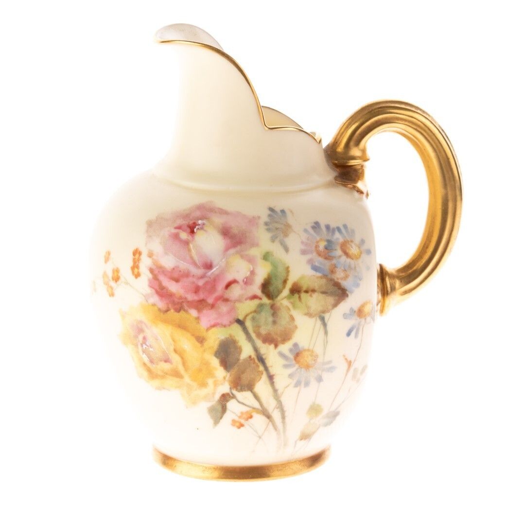 Antique Royal Worcester Hand Painted Blush Porcelain Art Nouveau Floral Flat Back Ewer Jug