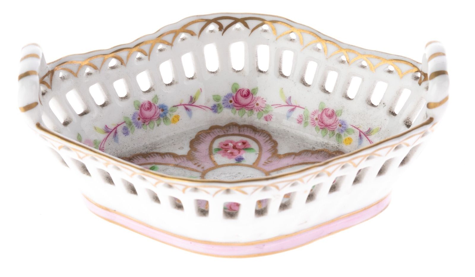 De La Reine French Hand Painted Porcelain Ceramic Floral Basket